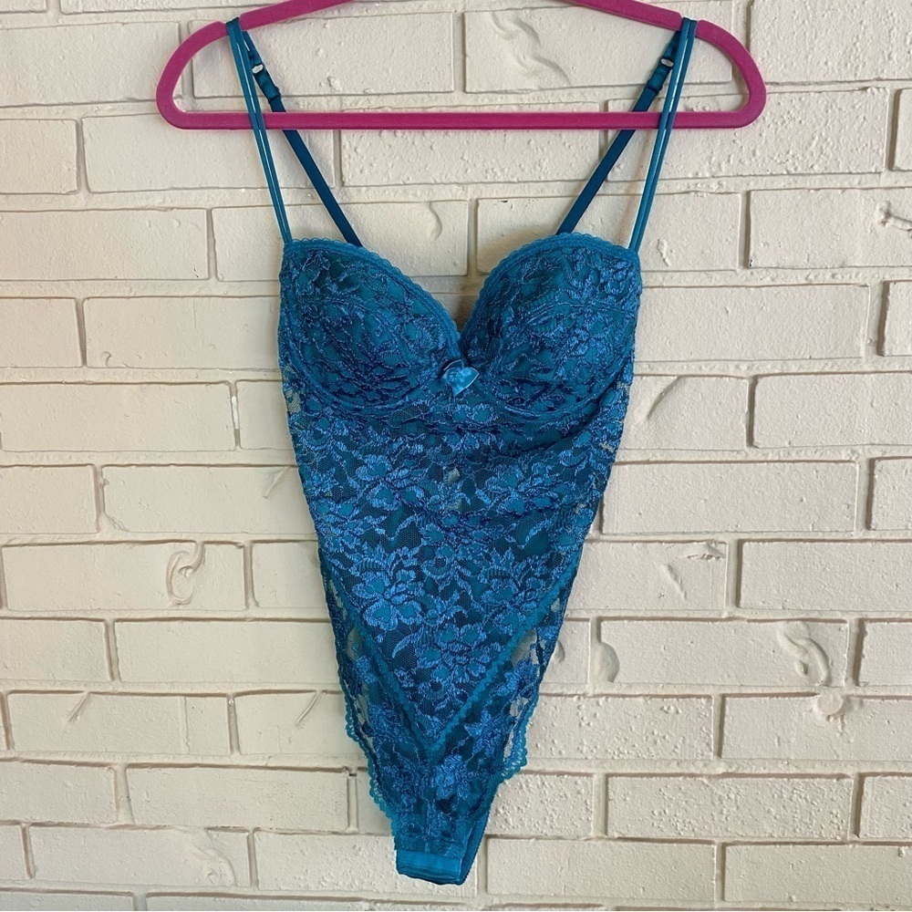 Victoria's Secret Vintage 80s Gold Label Green Lace French Cut Teddy Sz 36C